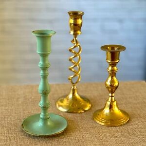 Set of 3 Vintage Candle sticks, brass, painted, gold tone